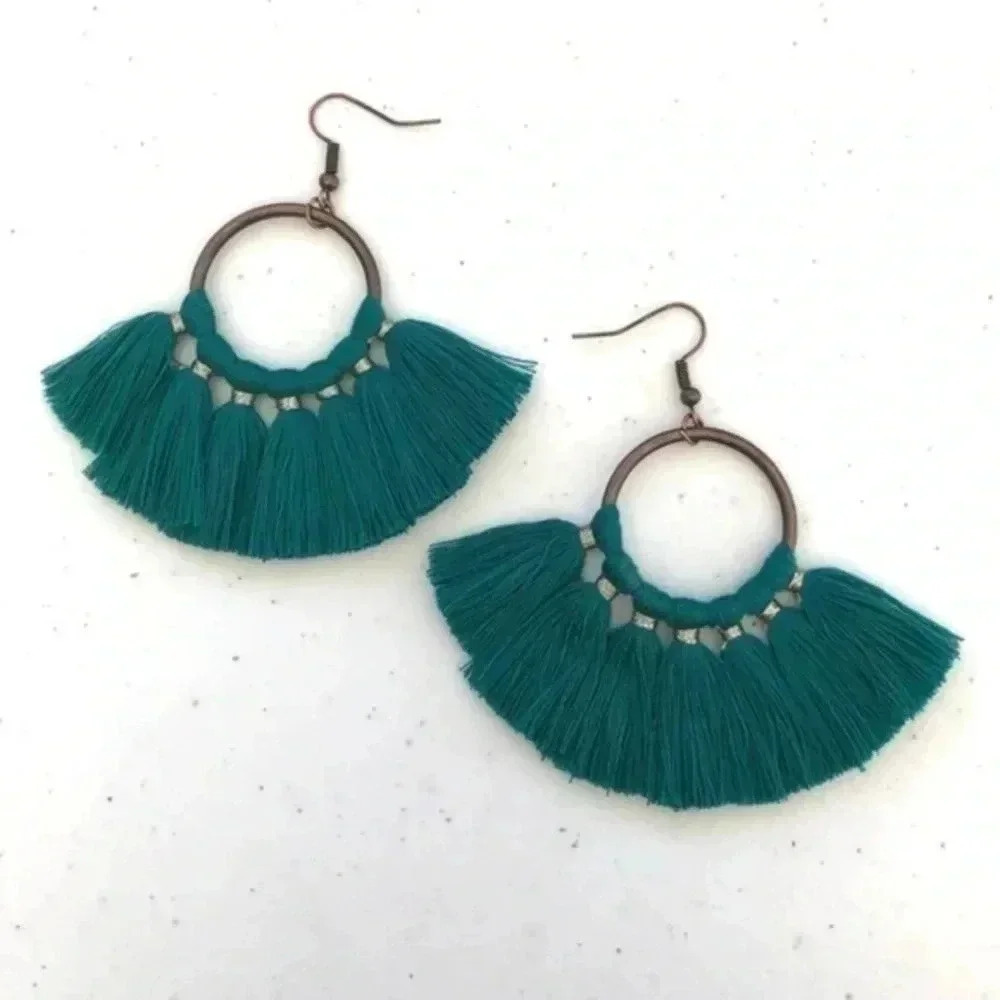 Big Dark Teal Boho Bronze Fan Tassel Earrings NWT